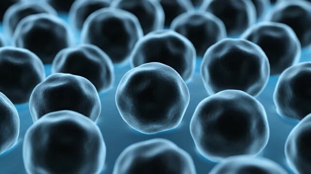 Close up of dark spheres submerged in vibrant blue liquid