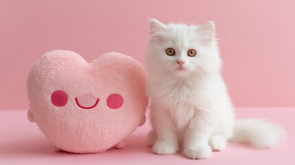 White kitten with heart shaped pillow on pink background