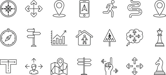 Vector Line Art Icon Set of Navigation and Direction Symbols Featuring Compass Maps Location Pins Road Signs and Strategic Chess Pieces for Wayfinding and Planning © MdJillur