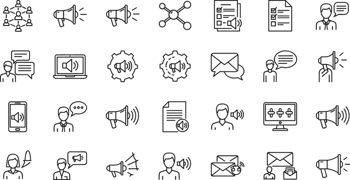 Vector Line Art Icon Set of Marketing and Professional Communication Featuring Megaphones Public Relations Digital Announcements Client Feedback and Corporate Outreach Symbols