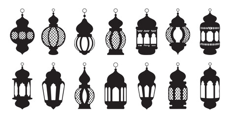 Set of ramadan kareem lantern vector silhouette design elements on white background © VANU