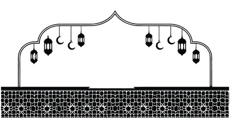 Ramadan kareem arch border banner with hanging lanterns and crescent moons background © VANU