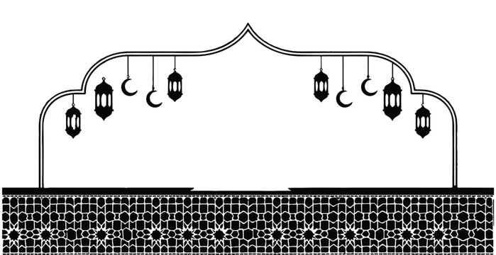 Ramadan kareem arch border banner with hanging lanterns and crescent moons background