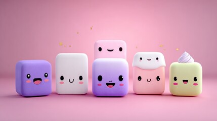 Cute cartoon cube characters on pink background for various design projects