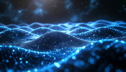 Futuristic Blue Data Landscape with Glowing Particles and Wave Forms