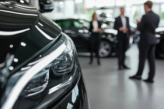 Close up of a car headlight with sales people and customers discussing in a blurred background of a dealership showroom