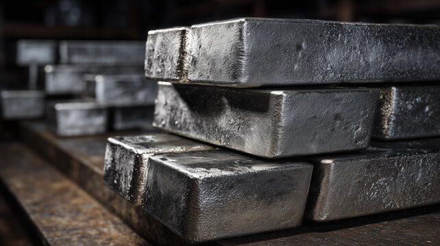 Raw tin ingots are neatly stacked with a metallic silver-grey texture.
