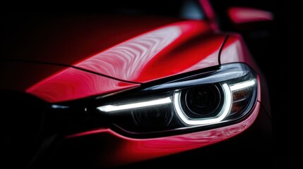 Red modern car headlight detail against a dark background