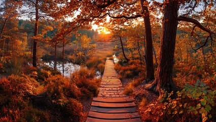 Sunlit wooden pathway through vibrant autumn forest at sunset