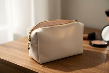 A white leather cosmetic bag on a wooden table with makeup items beside it, softly lit by natural light from a window