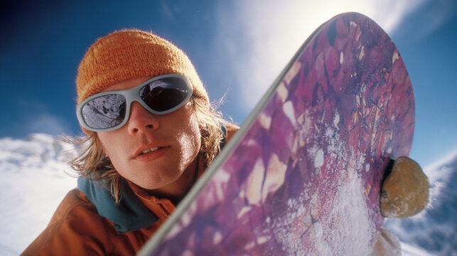 Close-up of a young man snowboarding in the mountains, wearing sunglasses & an orange beanie, holding a snowboard w/ purple patterns on it