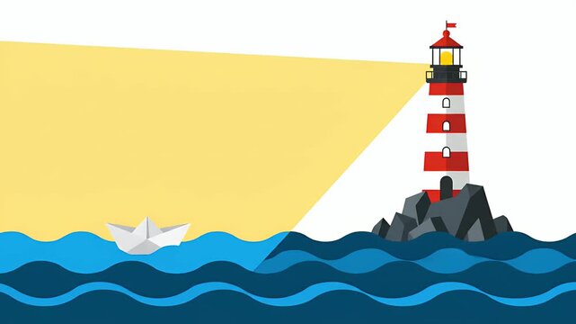 Red And White Lighthouse Guides Paper Boat Across Blue Waves