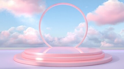 Pink platform with a ring against a background of fluffy clouds and blue sky