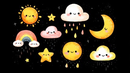 Whimsical sky elements sun clouds rainbow and stars on black background