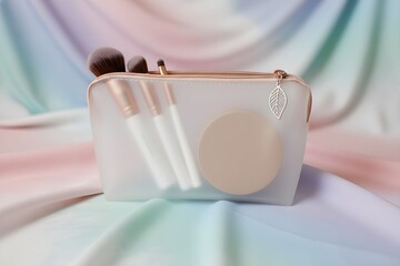 Makeup brushes in a cosmetic bag on pastel fabric background viewed from the front