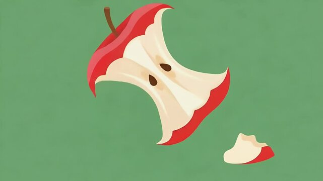 Red Apple Core Falling Down on Green Background with Bite Marks