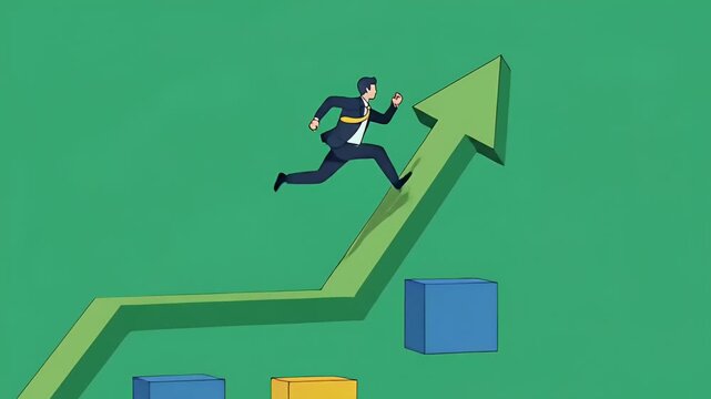 Pixel Businessman Climbs Upward Green Arrow on Textured Background