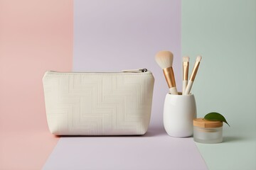 Cosmetic bag and beauty products displayed on pastel background from a frontal viewpoint