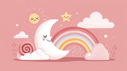 Whimsical illustration of a crescent moon rainbow sun and stars against a pink backdrop