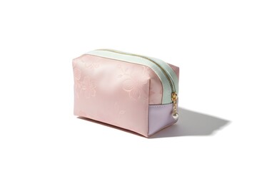 A pink cosmetic bag with mint green zipper on a white surface viewed from the side