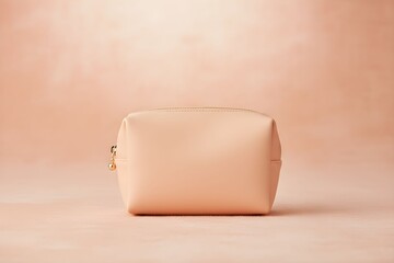 A small, peach-colored pouch with a zipper, placed centrally on a soft, peach-toned surface, viewed from a slight angle.
