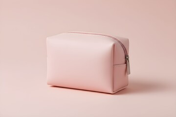 A pale pink leather cosmetic bag on a pale pink background viewed from a slight angle