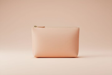 A pale pink leather pouch with a zipper on a soft beige background from a frontal viewpoint