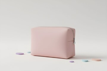 A pale pink cosmetic bag with scattered pills on a white surface viewed from the front