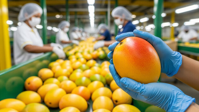 Workers sorting and inspecting fresh mangoes in a fruit processing factory with focus on quality control