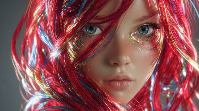 3D anime-style young Ukrainian/Russian woman, voluminous hair w/ natural yet vibrant red, blue, gold, & pink mesh highlights
