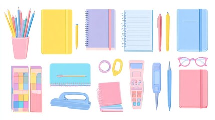 Assortment of colorful stationery items for education and office work