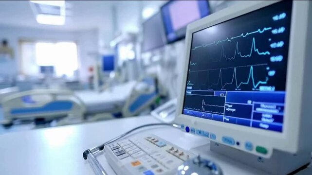 Hospital Monitor Displaying Vital Signs in ICU Setting &ndash; Patient Monitoring, Critical Care & Medical Technology Concept

