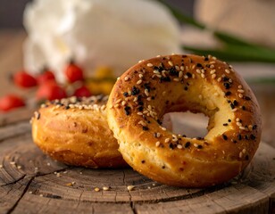 Freshly baked bagels with sesame seeds on a wooden board with flowers nearby, captured from a close-up viewpoint