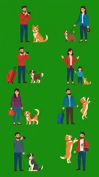 Pixel People Walking Dogs and Taking Photos Flat Design