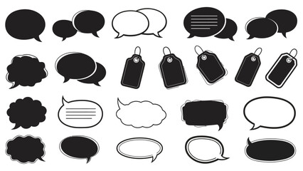 Fototapeta premium Collection of diverse speech and thought bubbles, and speech tags, in black silhouette style