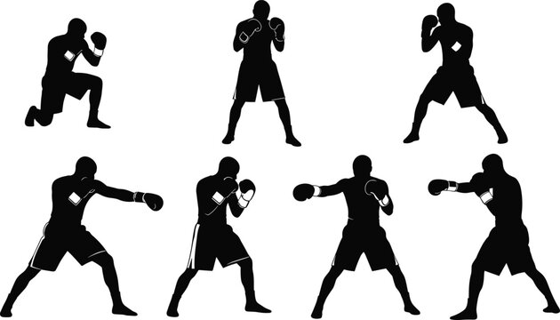 Silhouettes of boxers in various fighting and punching stances, wearing gloves, isolated vector set for martial arts design.