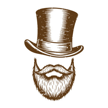 Drawing Vintage texture Brown illustration of a man with a top hat and beard and mustache isolated on white background