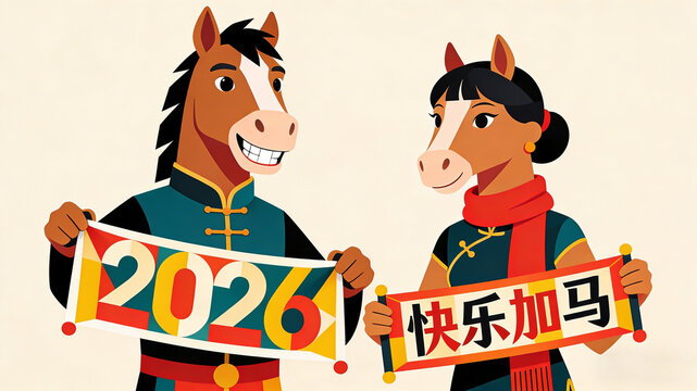 Geometric splicing personified Mr. Ma in suit holding 2026 banner