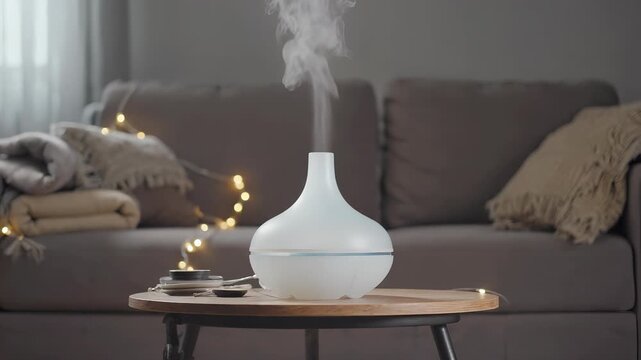 A frosted glass diffuser releases mist in a cozy evening living room. Warm string lights glow softly as blankets are arranged on a nearby couch, creating a relaxed atmosphere