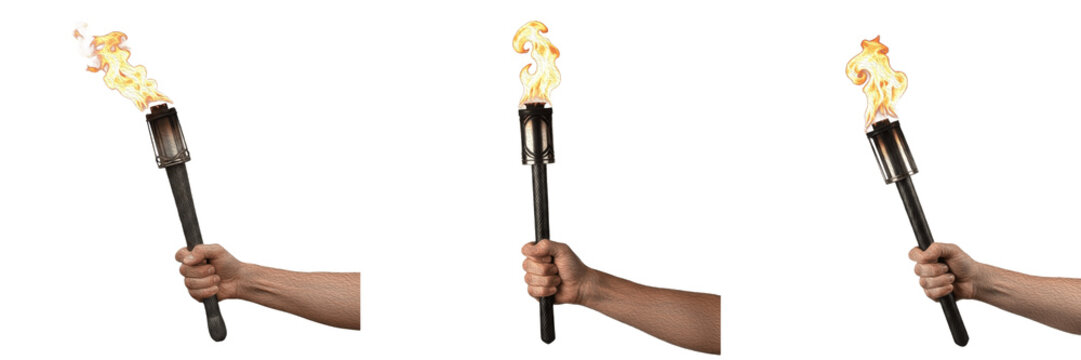 Hand Holding Burning Fire Torch Isolated on White Background