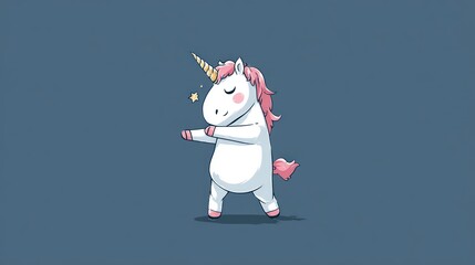 Cartoon unicorn dancing with closed eyes against a dark blue background