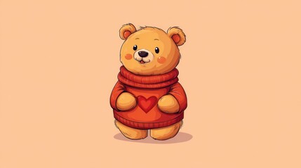Cute cartoon bear with heart on orange sweater and background
