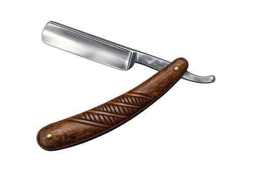 Straight razor with wooden handle and sharp blade for traditional barbering and classic shaving