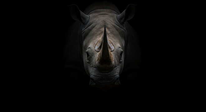 A powerful and dramatic close-up portrait of a rhinoceros head emerging from complete darkness, highlighting the textures of its skin and its majestic horn with subtle, atmospheric lighting.