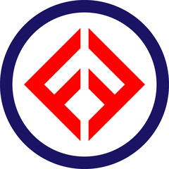 Abstract red geometric diamond symbol inside blue circular frame