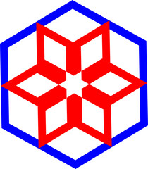 Abstract red geometric cube star inside blue hexagon frame