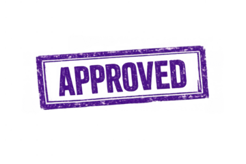 Purple grunge stamp with approved text, symbolizing consent, quality, and authorization. Layered graphic element