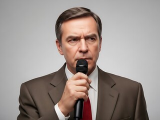 Naklejka premium Man in suit holding a microphone and looking angrily