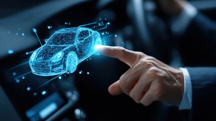Digital car visualization person interacting with futuristic automotive technology