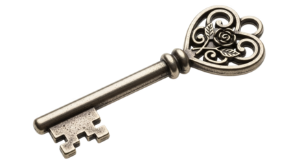 Antique Silver Heart Key With Rose Design On Black